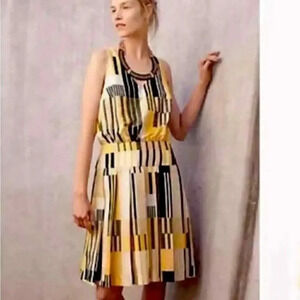 Maeve Anthropologie Dress Silk Blend A Line Sleeveless Geometric Yellow‎ Black